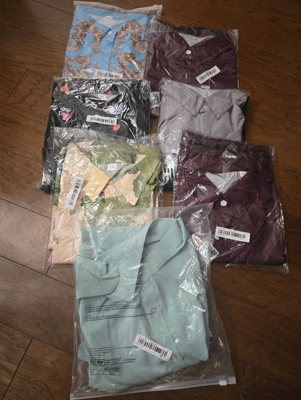 NEW- Mixed SIZE Pack of Button-Up Tops in Mint, Burgundy, Gray and Prints